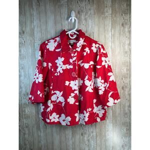 Coldwater Creek Blazer‎ Womens 12 Red Floral Brocade Half Sleeve Swing Jacket